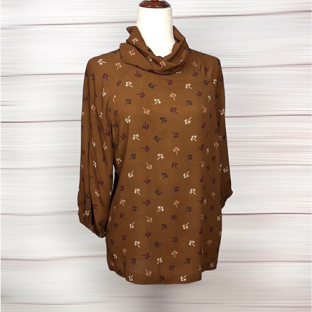 MeimeiJ Italy Cowl - Turtleneck Viscose Brown Floral Blouse Button Down Back